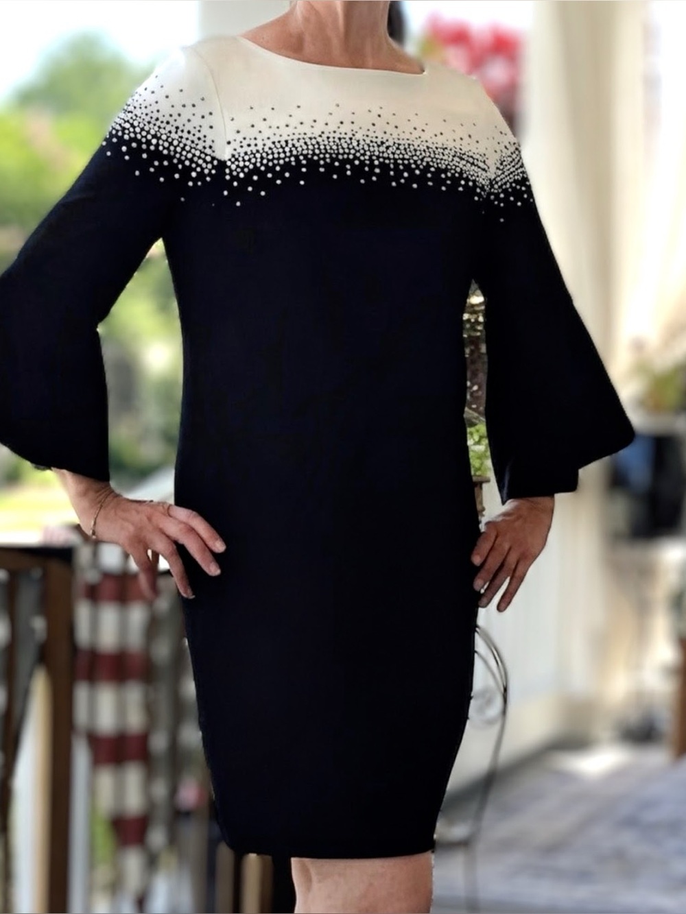 Jessica Howard Petite 10P NWT Black White Rhinestone Bell Sleeve Sheath Dress